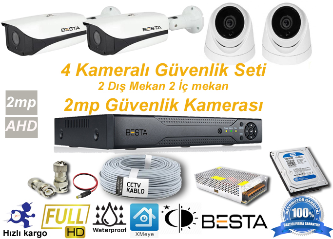 Besta 2 Dış Mekan 2 İç Mekan Güvenlik Kameralı Her Şey Dahil Güvenlik Kamera Seti KD-124