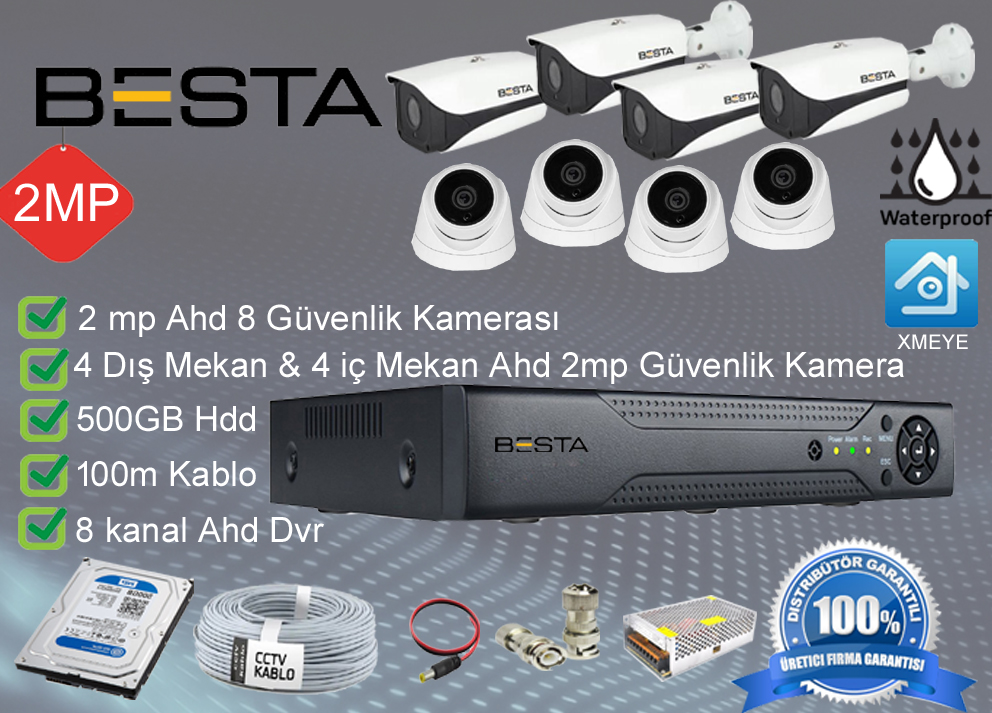 Besta 2 MP 1080P 4 Kameralı Harddisk Dahil AHD Güvenlik Seti KD-3034 görünüm